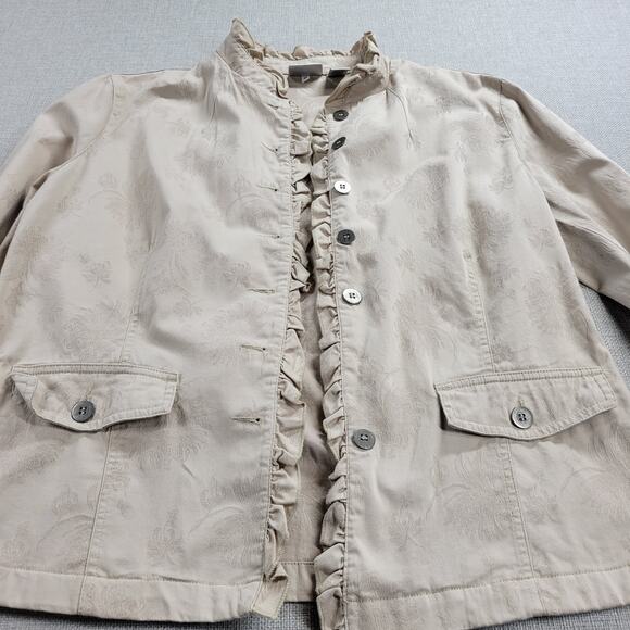 Chico's Womens Jacket Size 1 Beige Mock Neck Button Up Ruffled Trim Long Sleeve - Picture 10 of 16